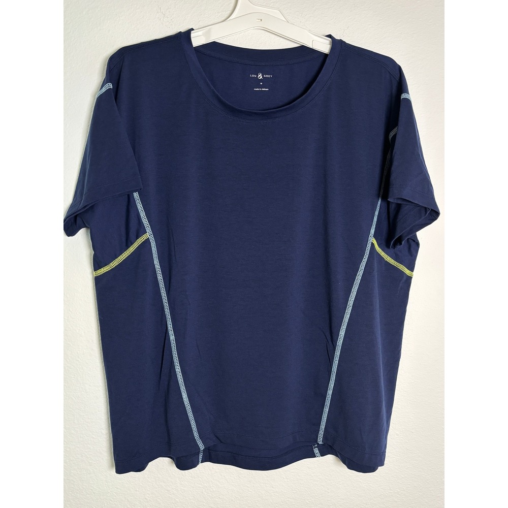 Lou & Grey Navy Blue Short Sleeve T-Shirt Contrast Stitching Crew Neck Medium